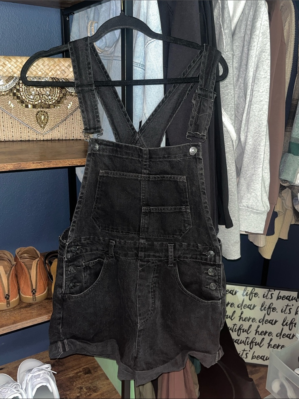Free People Black Denim Short Overalls